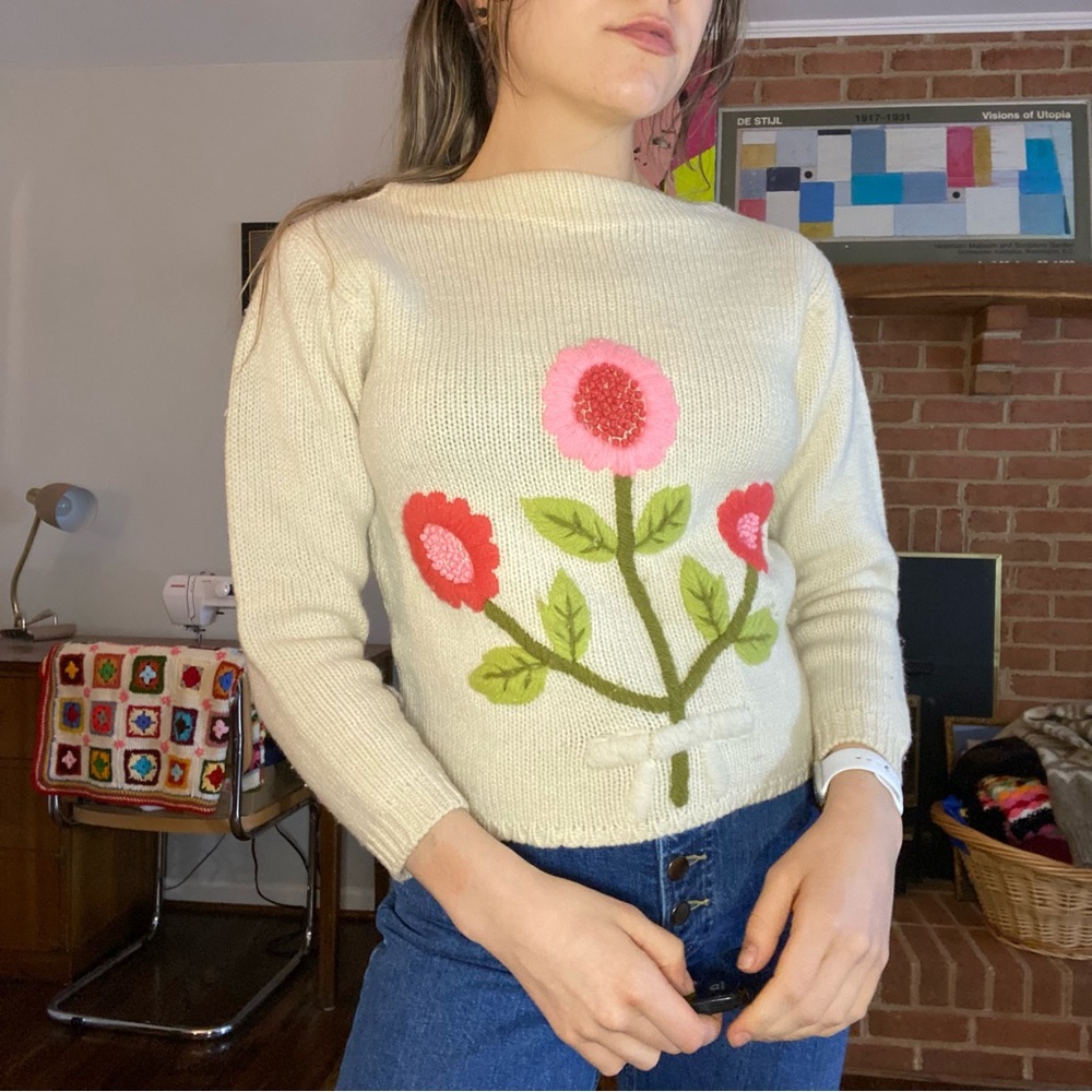 Vintage 60s Floral Embroidery Wool Square High Neck 3/4 Sleeve Handmade …